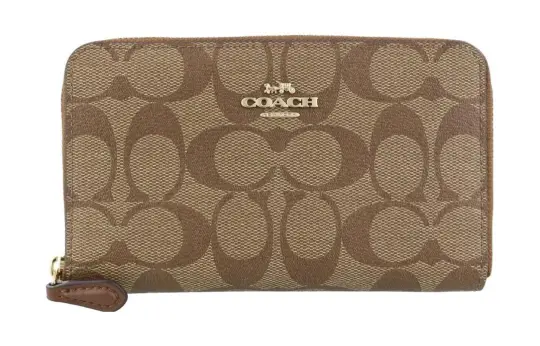 COACH Zip Around Coated Canvas Coin Pocket ID Card Holder, Wallet Regular Women's Khaki