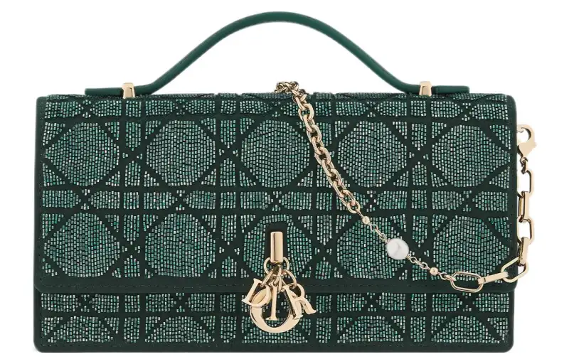 DIOR Cotton Bead Ornament Embroidery Shoulder Bag, Crossbody Bag, Handbag Mini Women's Pine Green