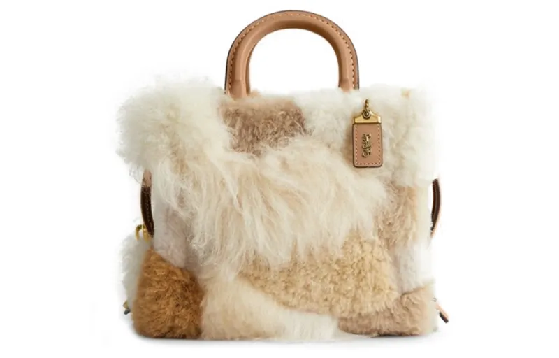 COACH Rogue Shearling Tote Bag, Shopping Bag, Handbag, Shoulder Bag Small Women's White & Brown
