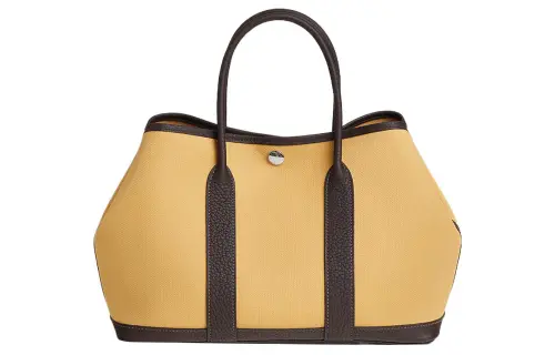 HERMES Garden Party Canvas With Negonda Calfskin Handbag 30 Women's Straw Yellow & Ebony Wood Color