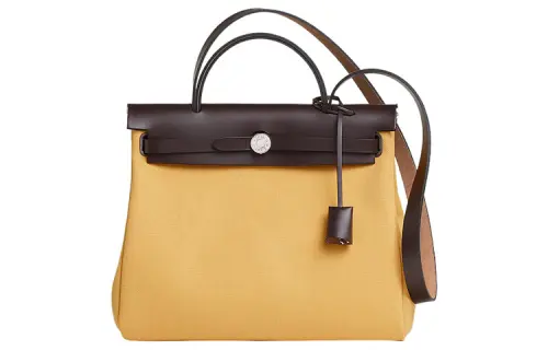 HERMES Herbag Zip Canvas With Hunter Cow Leather Shoulder Bag, Crossbody Bag, Handbag 31 Unisex Straw Yellow