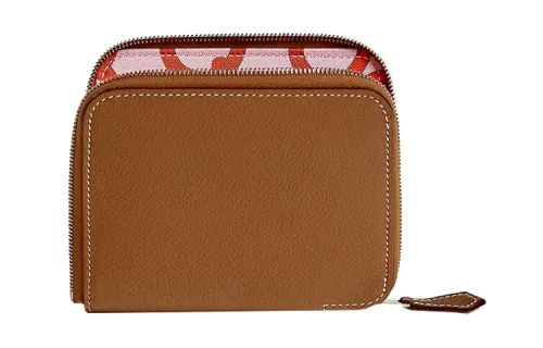 HERMES Silk'In Evercolor & Barenia Calfskin Wallet Coin Purse Women's Gold