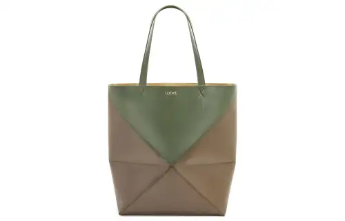 LOEWE Shiny Cow Leather One Shoulder Handbag Large Women's Brown Tea/Forest Green