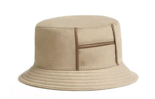 HERMES Cashmere Fabric Bucket Hats Unisex Khaki