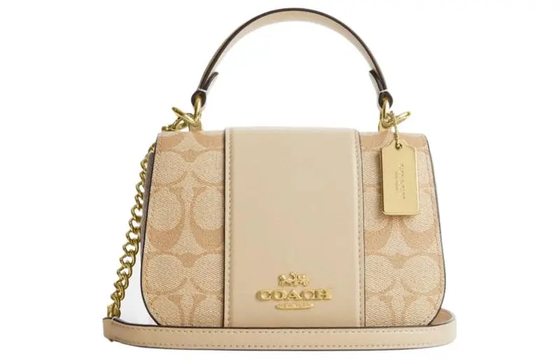 COACH Top Handle Cow Leather Handbags Small Women's Khaki & White