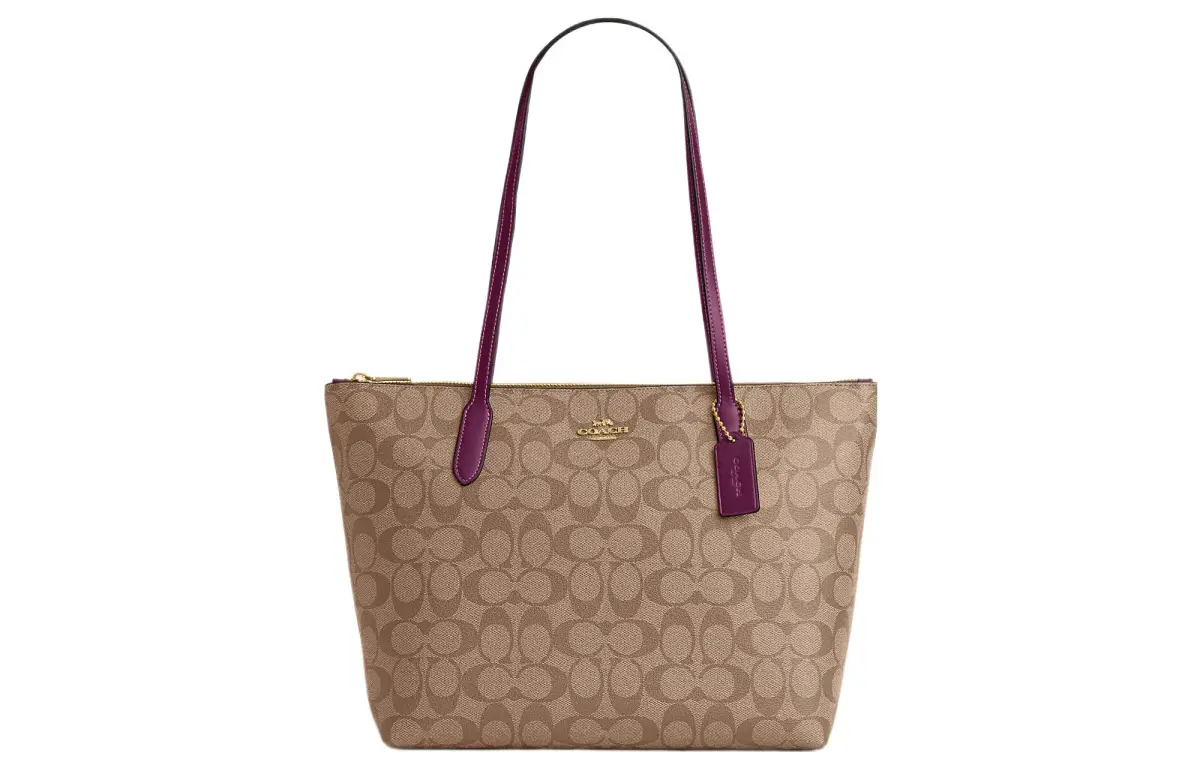 COACH Zip Top Tote Canvas With Leather Tote Bag, Shopping Bag, Handbag, Shoulder Bag Large Women's Khaki