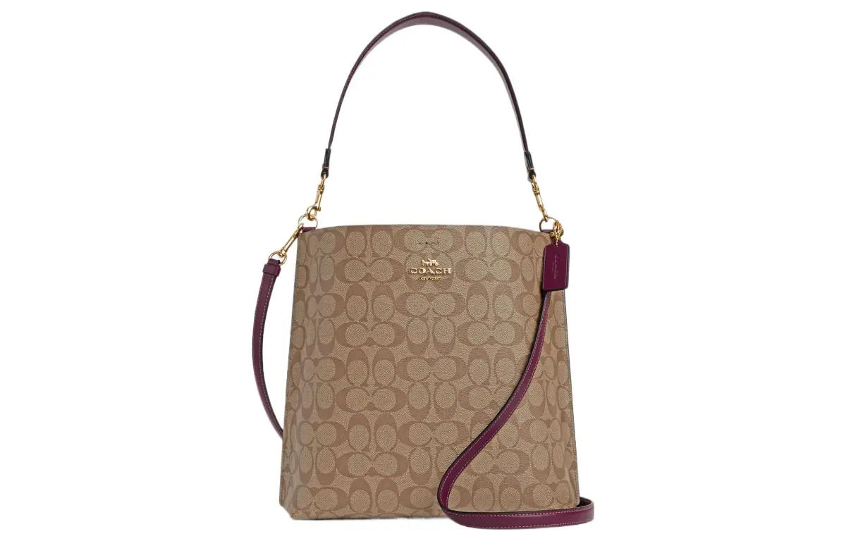 COACH Mollie Coated Canvas With Leather Tote Bag, Shopping Bag, Crossbody Bag, Handbag 28 Women's Khaki & Dark Berry