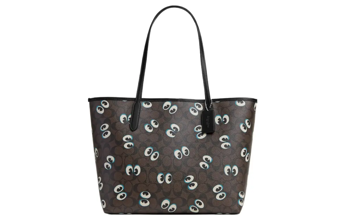 COACH City Canvas With Leather Shoulder Bag Large Women's Silver & Brown & Black & Multicolor