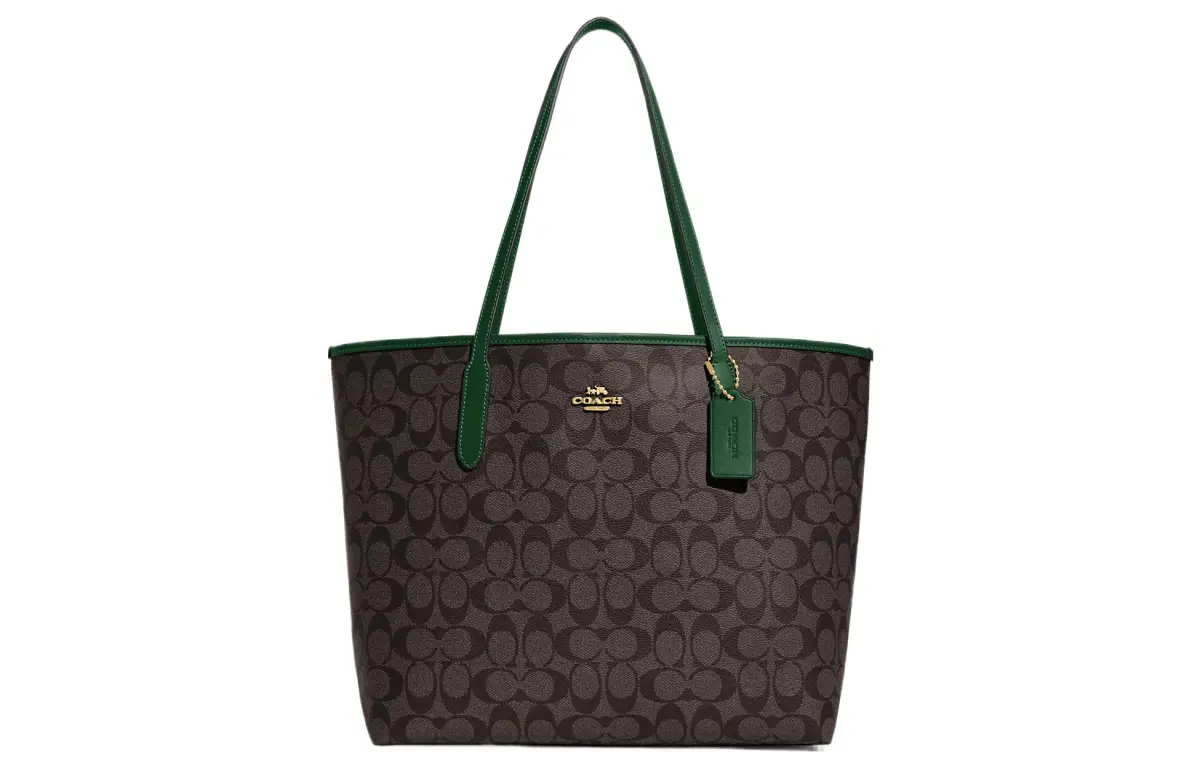 COACH City Coated Canvas Tote Bag, Shopping Bag, Shoulder Bag Large Women's Brown & Dark Pine Wood