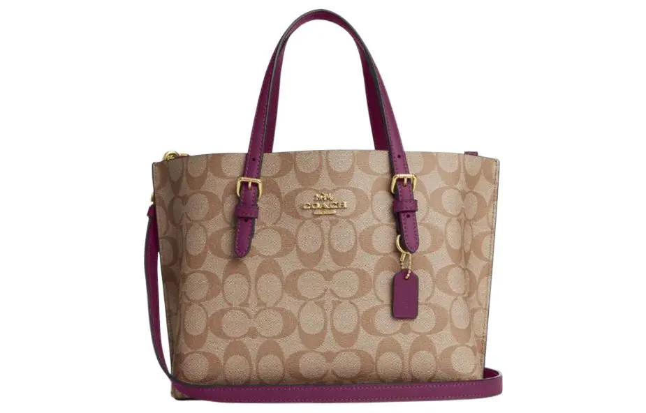 COACH Mollie Zip Closure Coated Canvas With Leather Tote Bag, Shopping Bag, Handbag 25 Women's Khaki & Boysenberry