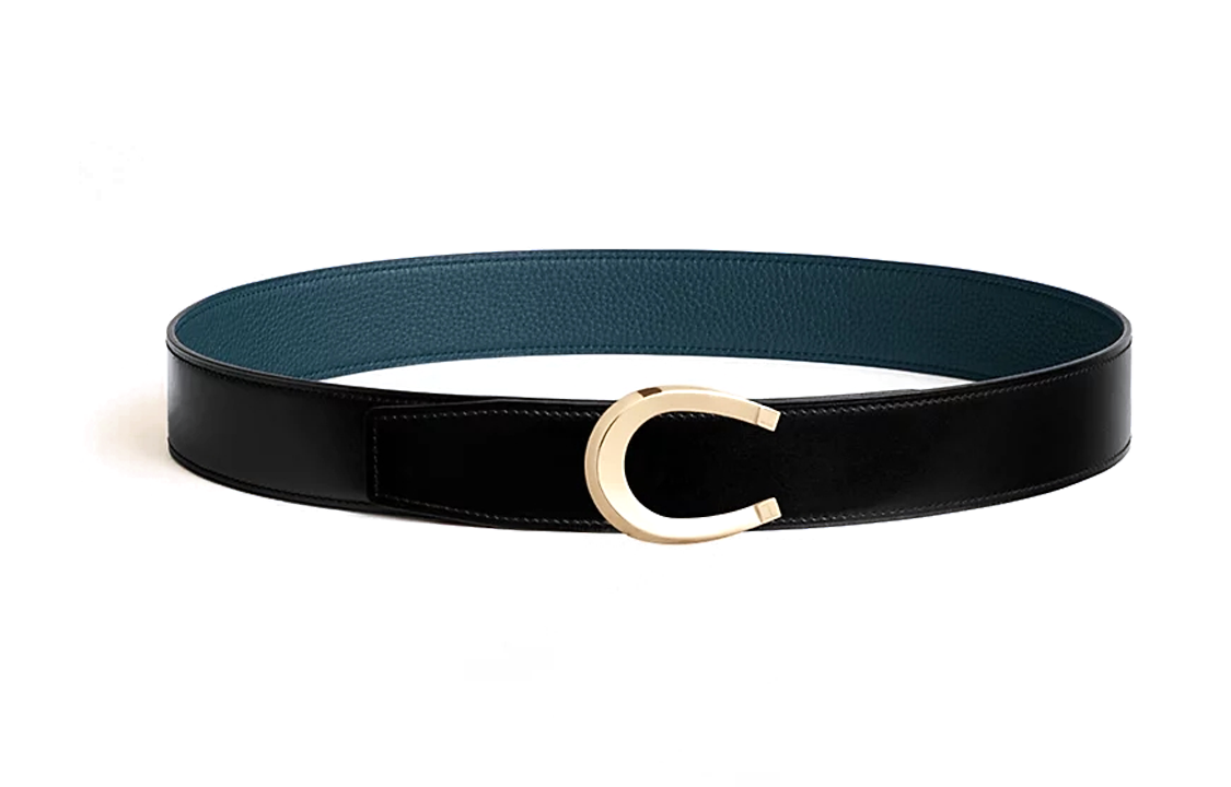 HERMES Circular Belt Buckles Double Sided, Smooth Buckle Luck Leather Belts Men's Black/Blue Width 3.8CM