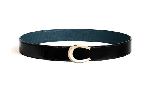 HERMES Circular Belt Buckles Double Sided, Smooth Buckle Luck Leather Belts Men's Black/Blue Width 3.8CM