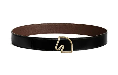 HERMES Horse Head Gold Smooth Buckle Tete De Cheval Calfskin Leather Belts Men's Black Width 3.8cm