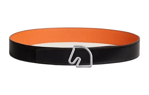HERMES Tete De Cheval Calfskin, Palladium Coating Layer Leather Belts Men's Width 3.8cm