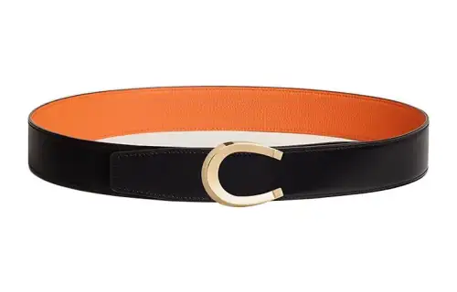 HERMES Luck Metal Brass Calfskin Leather Belts Men's Width 3.8cm