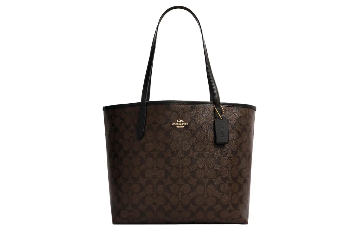 COACH City 33 Tote Monogram Shoulder Bag Large Canvas Brown Black Women's