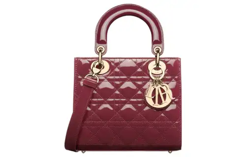 DIOR Lady Dior Patent Leather, Cow Leather Handbag, Shoulder Bag, Crossbody Bag, Handbag Small Women's Deep Peach Red