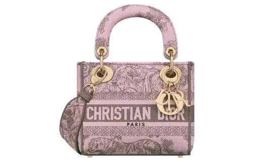 DIOR Lady D Lite Embroidery One Shoulder Crossbody Handbag Mini Women's Pink/Gray