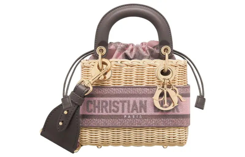 DIOR Lady Dior Wicker Handbag, Shoulder Bag, Crossbody Bag, Handbag Mini Women's Natural/Pink/Gray