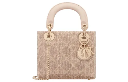 DIOR Lady Dior Cotton Bead Ornament Embroidery Handbag, Shoulder Bag, Crossbody Bag, Handbag Mini Women's Caramel Beige