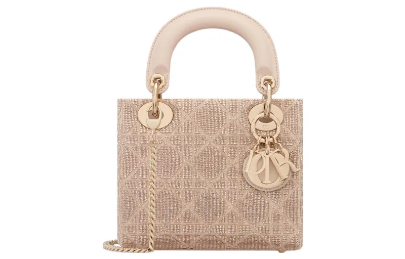 DIOR Lady Dior Cotton Bead Ornament Embroidery Handbag, Shoulder Bag, Crossbody Bag, Handbag Mini Women's Caramel Beige