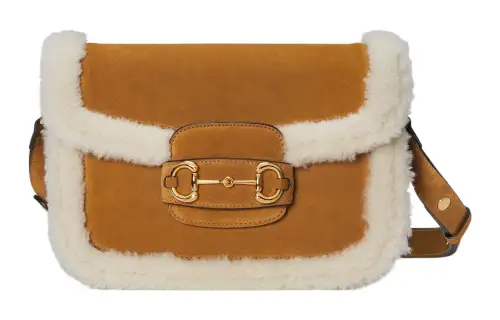 GUCCI Horsebit 1955 Suede With Shearling Crossbody Bag, Shoulder Bag Women's Light Brown