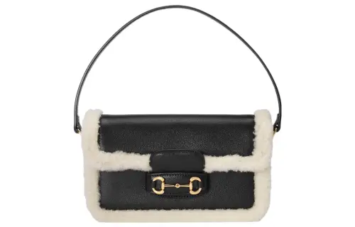 GUCCI Horsebit 1955 Leather With Shearling Handbag, Shoulder Bag Women's Black
