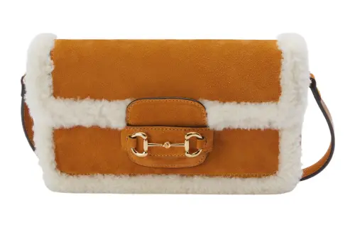 GUCCI Horsebit 1955 Suede With Shearling Handbag, Shoulder Bag Women's Light Brown