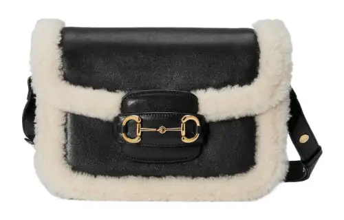 GUCCI Horsebit 1955 Smooth Leather With Shearling Crossbody Bag, Shoulder Bag Women's Black