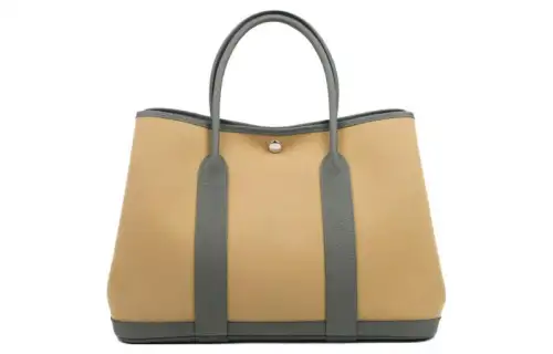 HERMES Garden Party Officier Canvas With Negonda Calfskin Handbag 30 Women's Beige & Gray