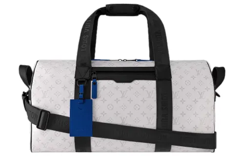LOUIS VUITTON Keepall Monogram Storm Coated Canvas Crossbody Handbag, Travel Bag Men's White