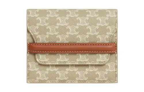 CELINE Triomphe Canvas With Lambskin Card Holder Women's Beige Gray