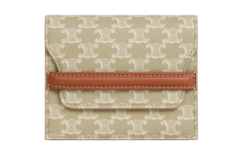 CELINE Triomphe Canvas With Lambskin Card Holder Women's Beige Gray