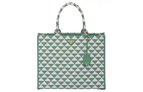 PRADA Symbole Fabric With Leather Tote Bag, Shopping Bag, Handbag Large Women's Sage Green & Chalk White