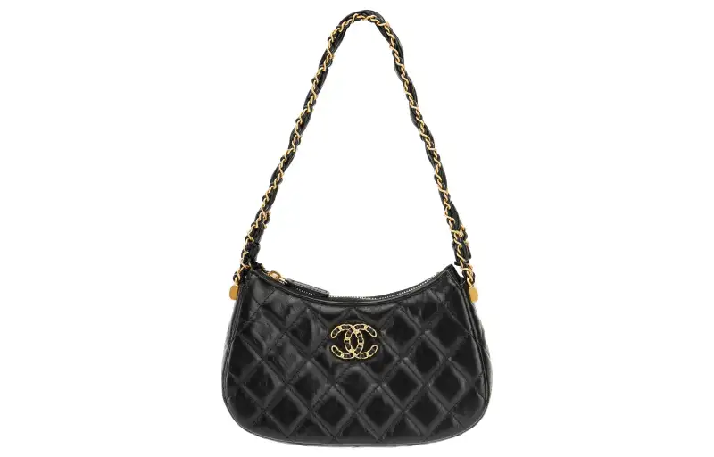 CHANEL Cow Leather Material Gold Metal Shoulder Bag, Hobo Bag, Handbag, Shoulder Bag Small Women's Black