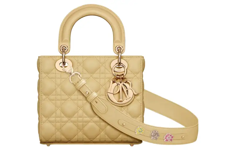 DIOR Lady Dior Wicker Pattern Lambskin Shoulder Bag, Crossbody Bag, Handbag Small Women's Light Yellow