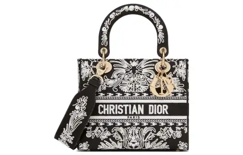 DIOR Lady D Lite Embroidery Handbag, Shoulder Bag, Crossbody Bag, Handbag Medium Women's White/Black