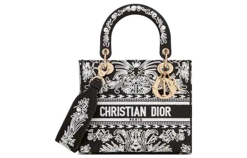 DIOR Lady D Lite Embroidery Handbag, Shoulder Bag, Crossbody Bag, Handbag Medium Women's White/Black