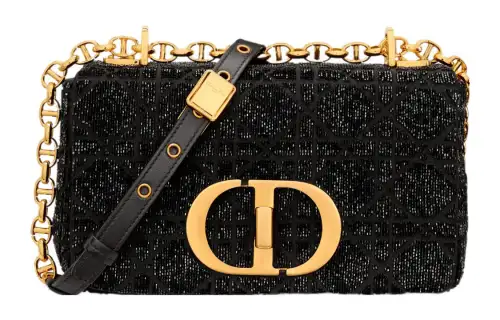 DIOR Caro Micro Pearl Embroidery Cannage Cotton Fabric Shoulder Bag, Crossbody Bag Small Women's Black