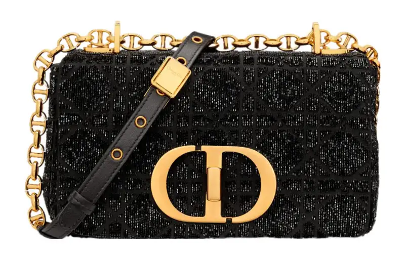 DIOR Caro Micro Pearl Embroidery Cannage Cotton Fabric Shoulder Bag, Crossbody Bag Small Women's Black