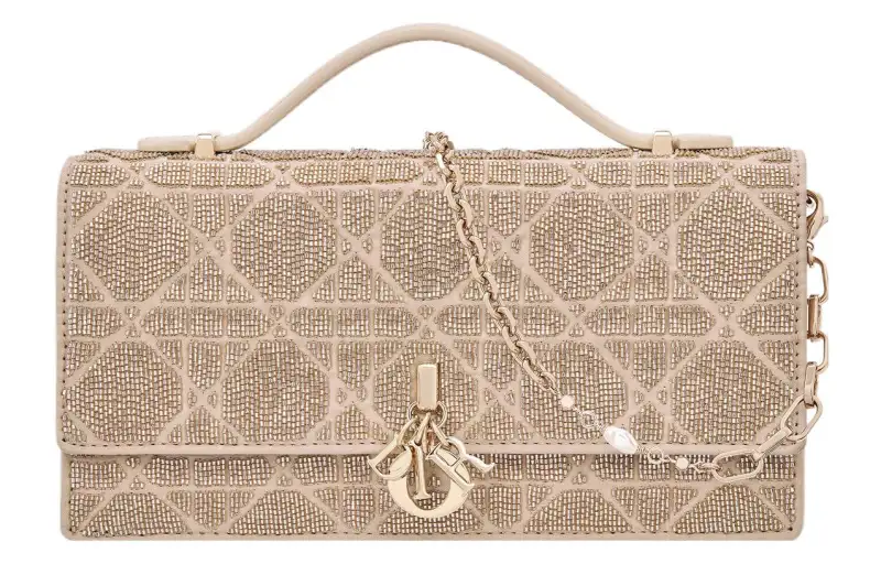 DIOR My Dior Cotton Bead Ornament Embroidery Handbag Mini Women's Caramel Beige