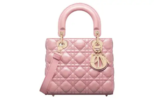 DIOR Lady Dior Pearlescent Lambskin Handbag, Shoulder Bag, Crossbody Bag, Handbag Small Women's Peach Pink