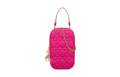 DIOR Lady Dior Sheepskin Portable One Shoulder Crossbody Cell Phone Pouch Women's Pink