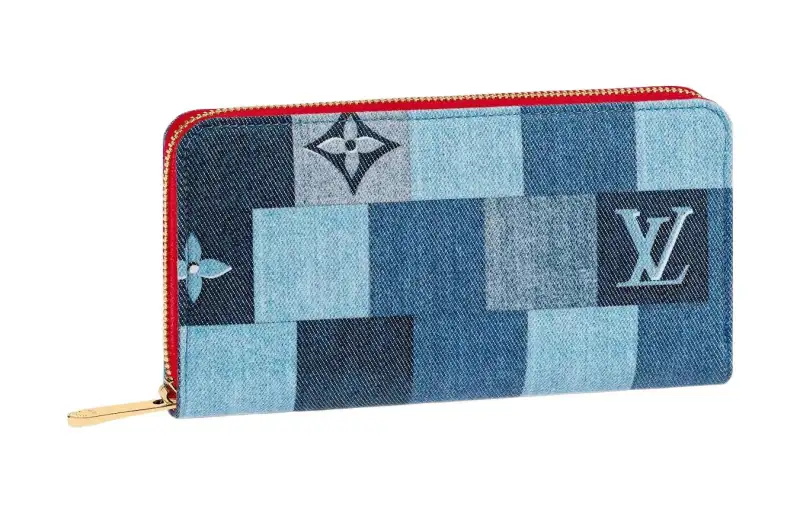 LOUIS VUITTON Zippy Wallet Denim Monogram Check Blue/Red