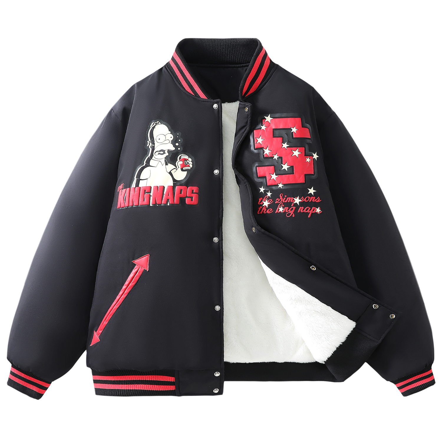 The Simpsons Fun Cartoon Star Pixel College Vintage Letter Foam Print Loose Casual Contrast Stripe Fleece-Lined Thickened Baseball Jacket Cotton Coat Unisex Black