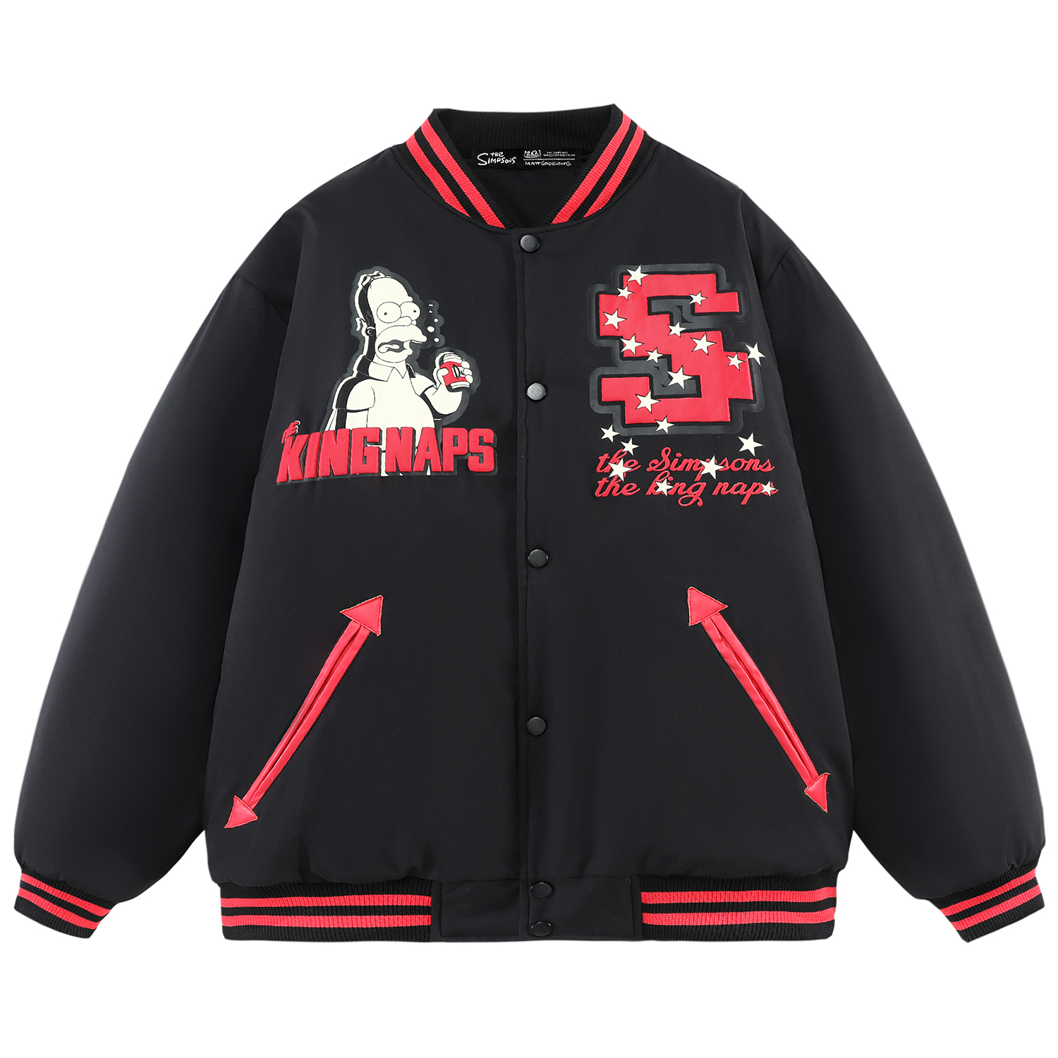 The Simpsons Fun Cartoon Star Pixel College Vintage Letter Foam Print Loose Casual Contrast Stripe Fleece-Lined Thickened Baseball Jacket Cotton Coat Unisex Black