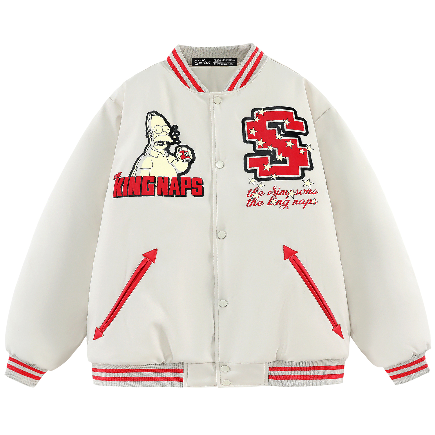 The Simpsons Fun Cartoon Star Pixel College Vintage Letter Foam Print Loose Casual Contrast Stripe Fleece-Lined Thickened Baseball Jacket Cotton Coat Unisex Black