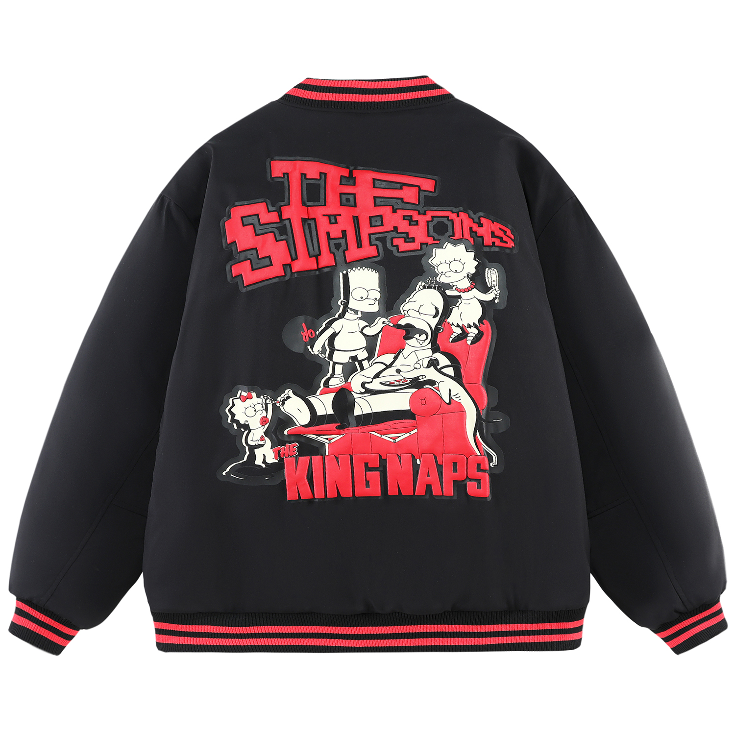 The Simpsons Fun Cartoon Star Pixel College Vintage Letter Foam Print Loose Casual Contrast Stripe Fleece-Lined Thickened Baseball Jacket Cotton Coat Unisex Black