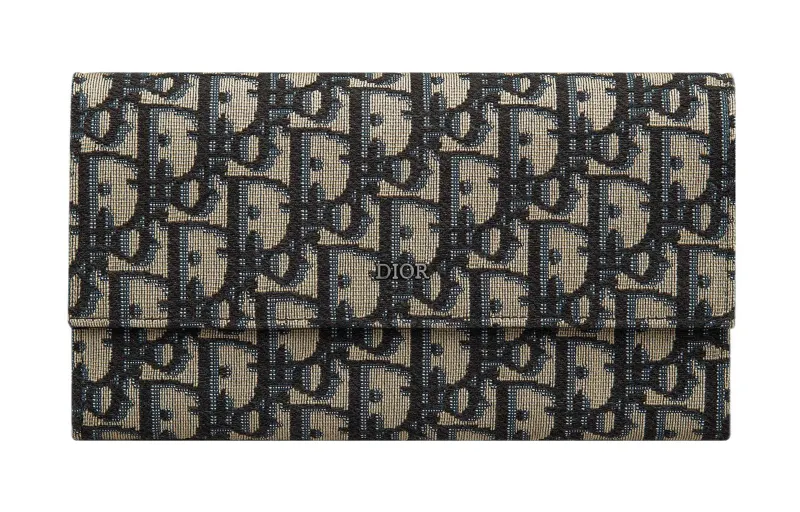 DIOR Flap Closure Oblique Jacquard Fabric Wallet Regular Men's Beige & Black