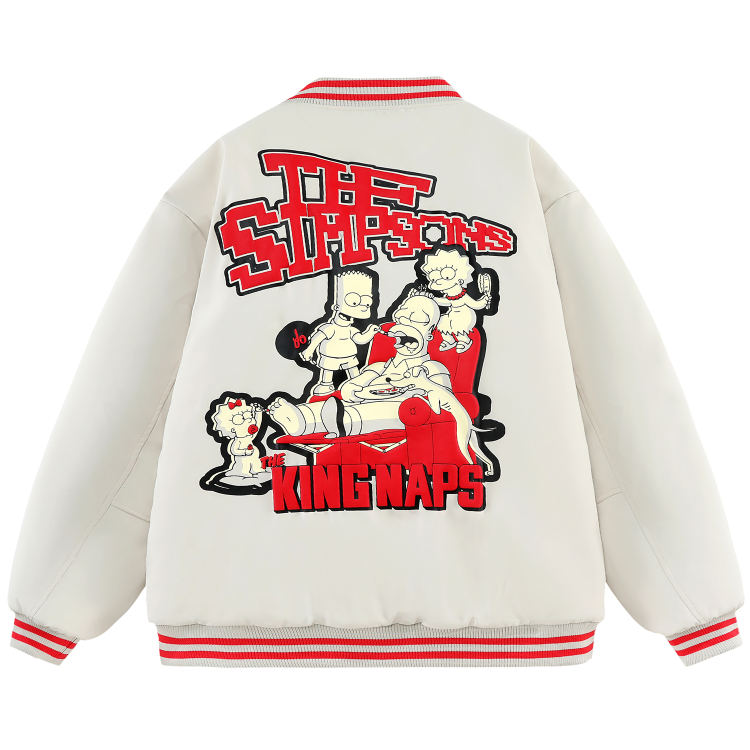 The Simpsons Fun Cartoon Star Pixel College Vintage Letter Foam Print Loose Casual Contrast Stripe Fleece-Lined Thickened Baseball Jacket Cotton Coat Unisex Black